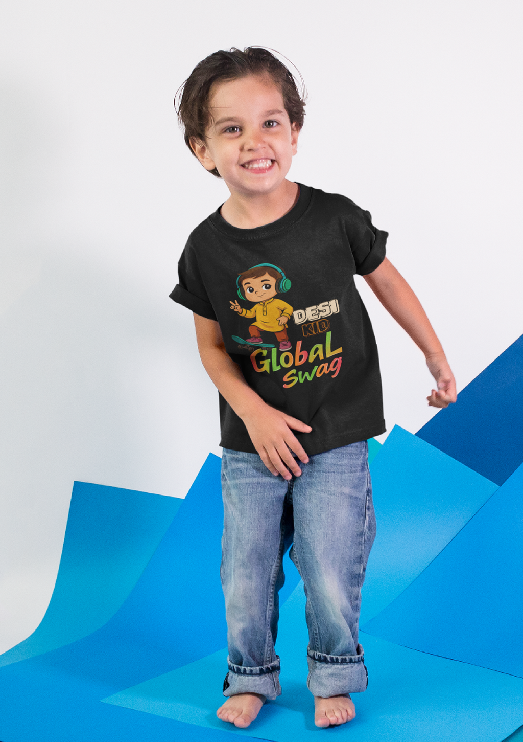 Desi Kid Global Swag T-Shirt – Cool & Comfy Tee for Kids (Black)