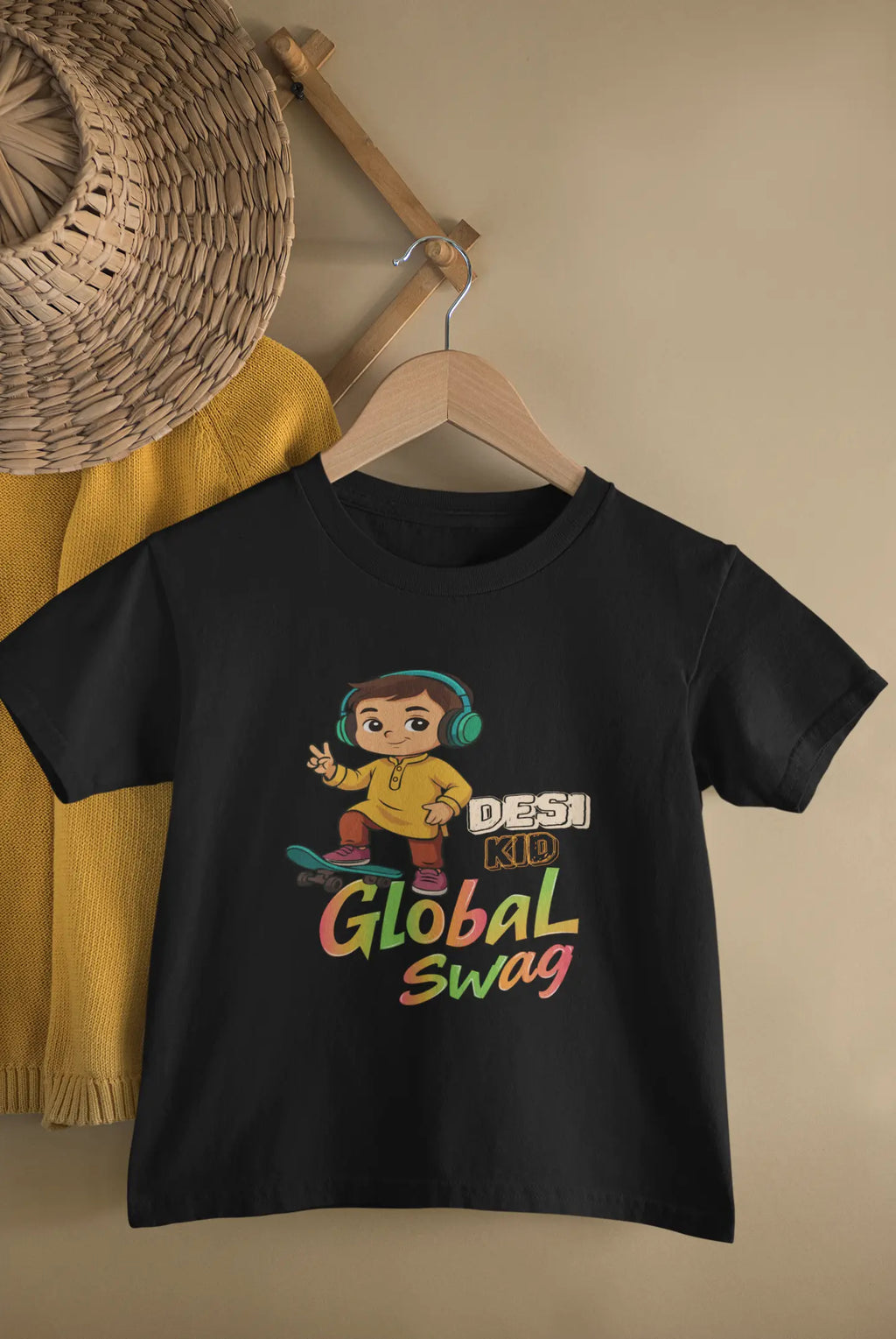 Desi Kid Global Swag T-Shirt – Cool & Comfy Tee for Kids (Black)