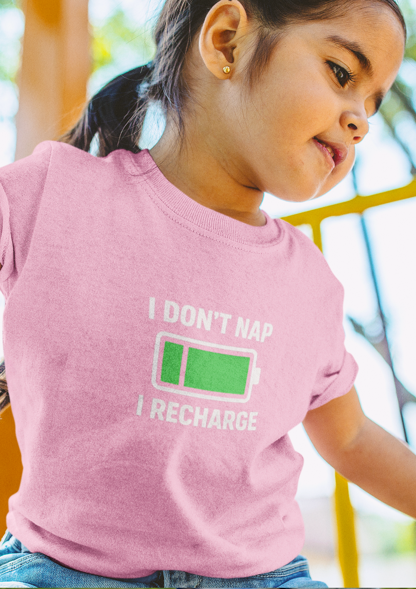 I Don’t Nap, I Recharge Kids’ T-Shirt – For the Tiny Powerhouse (Girls)